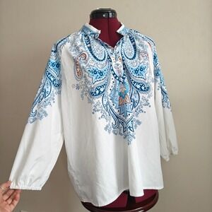 SHEIN White Blue Paisley Print Mandarin Collar Long Sleeve Blouse Top Womens M